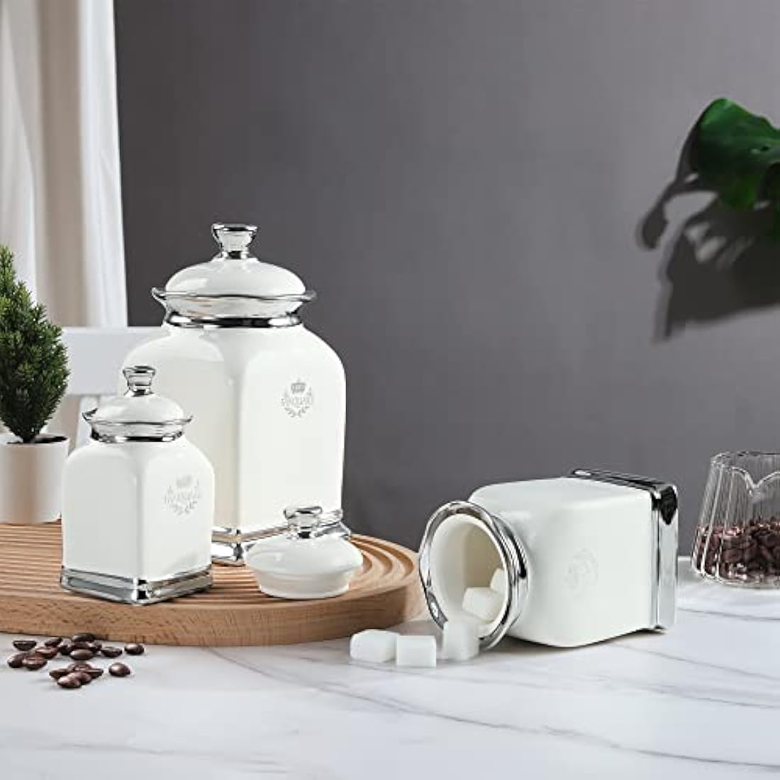 fanquare 3 Pieces Porcelain Storage Jar with Lid, Off White Coffee Tea Sugar Canister, Decorative Storage Jar for Biscuits, Spices