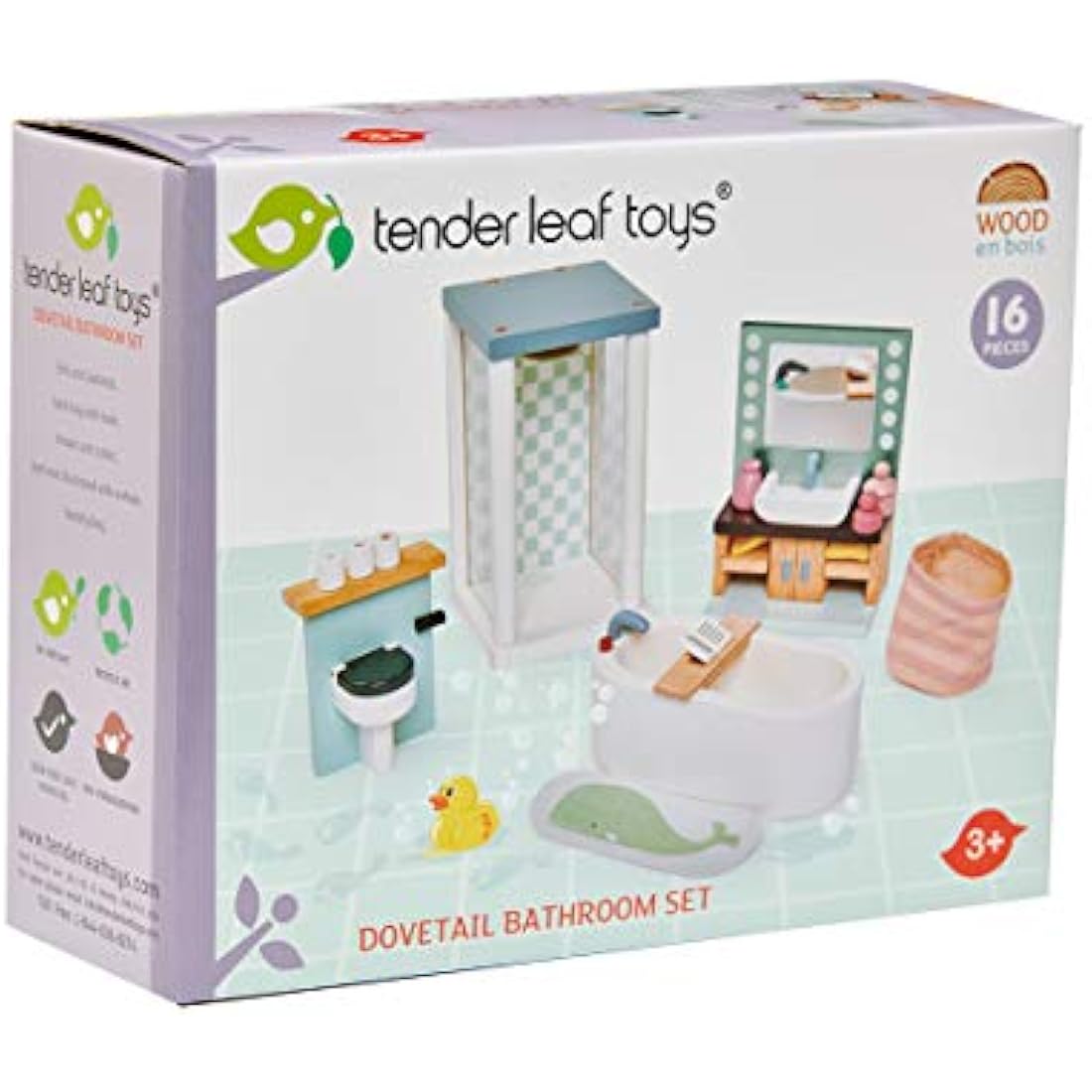Tender Leaf Toys Dolls House Bathroom Furniture - Wooden Bathroom Suite with Bath, Shower, Toilet and Sink Unit for Dolls 10-12cm Tall