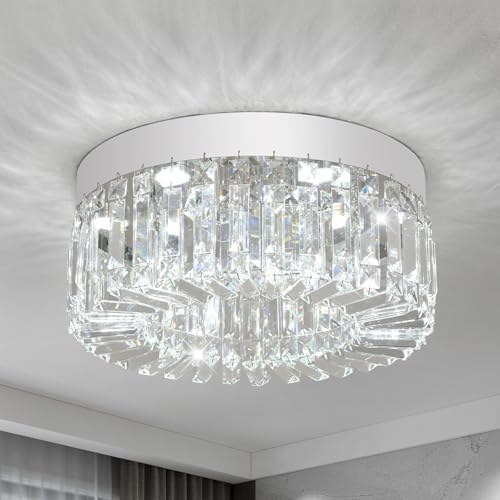 VETRULUS Crystal Chandeliers for Living Room Flush Mount Crystal Ceiling Light Fixtures 40CM Modern LED Chandelier for Dining Room Kitchen Foyer Chrome Silver