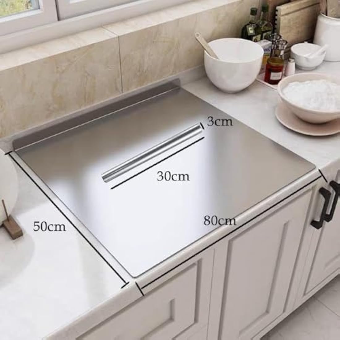uyoyous Stainless Steel Cutting Board 80 x 50cm Large Chopping Board Pastry Board Worktop with Rolling Pin, Kitchen Cutting Mat for Kneading Pastry Meat Vegetables Bread