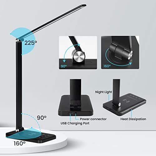 BIENSER LED Desk Lamp with Night Lighting, Fast Wireless Charger, USB Charging Port, 10 Brightness, 5 Color Modes, Dimmable Desk Lamps for Home Office, Touch Control, Auto Timer, 1200Lux Super Bright