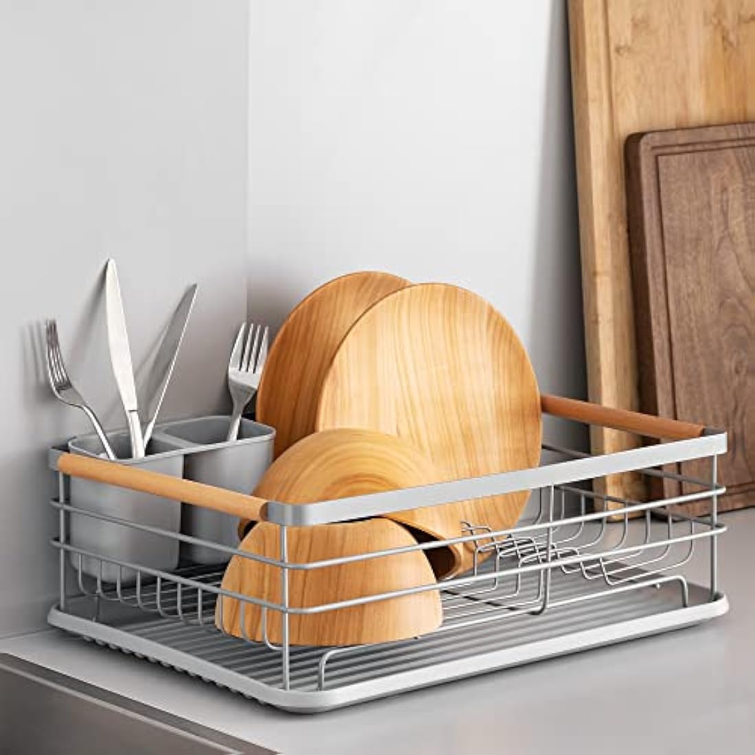 Navaris Dish Drainer Rack - Draining Rack with Beechwood Handles, Cutlery Holder and Drip Tray - Washing Up Dishes Drying Rack for Kitchen Sink - Grey