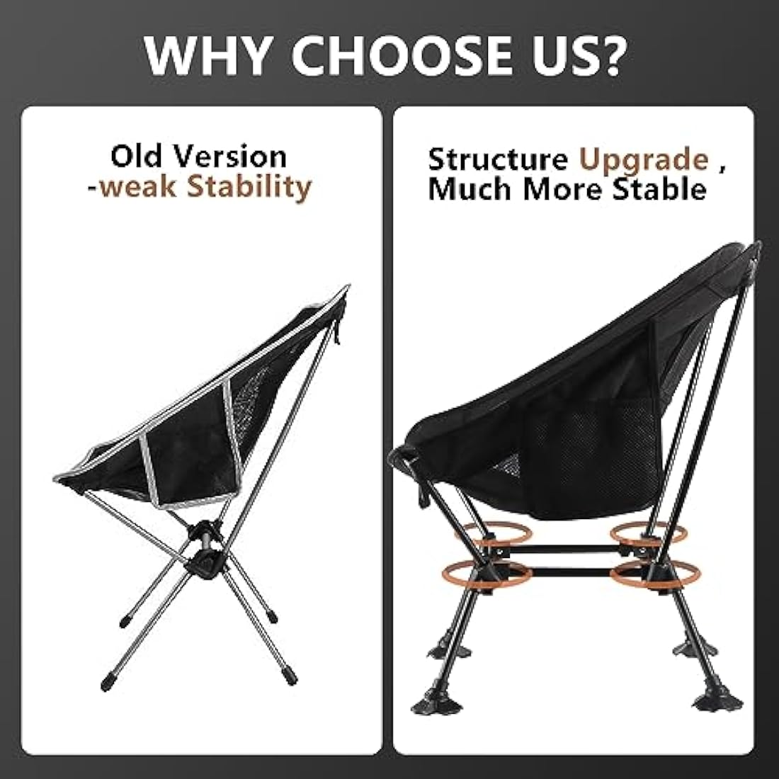 TEIVUL Camping Chairs Set - Lightweight Folding Chairs with Pocket and Cup Holder for Travel, Picnic, Hiking, Fishing - Black & Grey