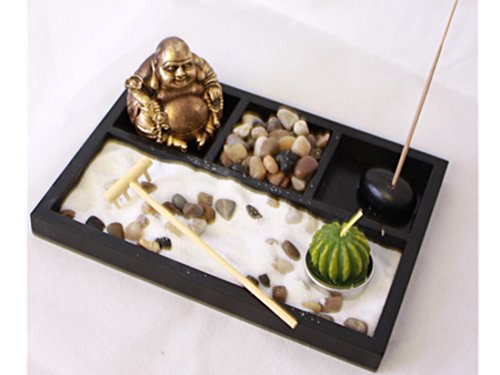 London Boutique Thai Sitting Down Buddha Ornament Statue Candle Holders Natural Stone Rattan Incense Gift Set (Laughing Buddha HY197)