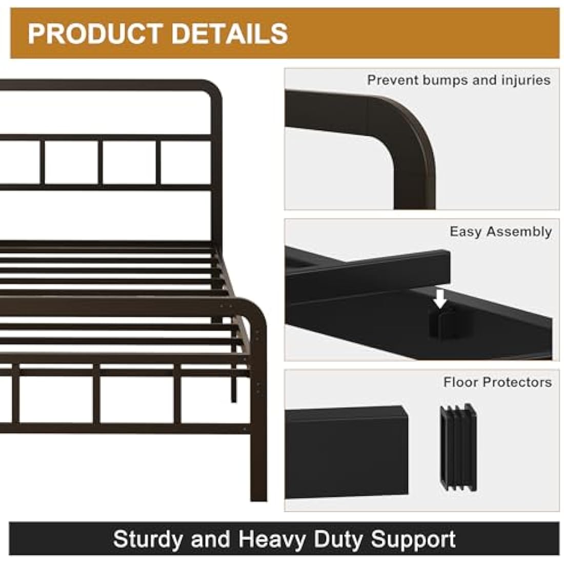 Yicensen Small Single Bed Frame with Curved Headboard and Footboard 75x190 cm, Black Single Platform Bed with Heavy Metal Slats for Stable Support, No Box Spring Needed, Noise Free, Easy Assembly