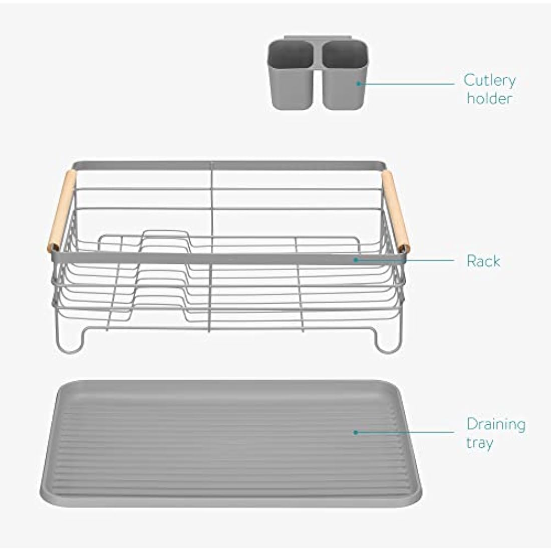 Navaris Dish Drainer Rack - Draining Rack with Beechwood Handles, Cutlery Holder and Drip Tray - Washing Up Dishes Drying Rack for Kitchen Sink - Grey