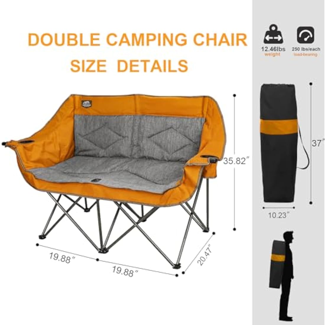 LANMOUNTAIN Folding Loveseat Camping Chair, Portable Double Chair w/Cup Holder,Wine Glass Holder,Carry Bag Heavy Duty Lawn Chair for 2 Adults,Perfect for Camp,Hiking,Picnics and Beach Trips,Orange