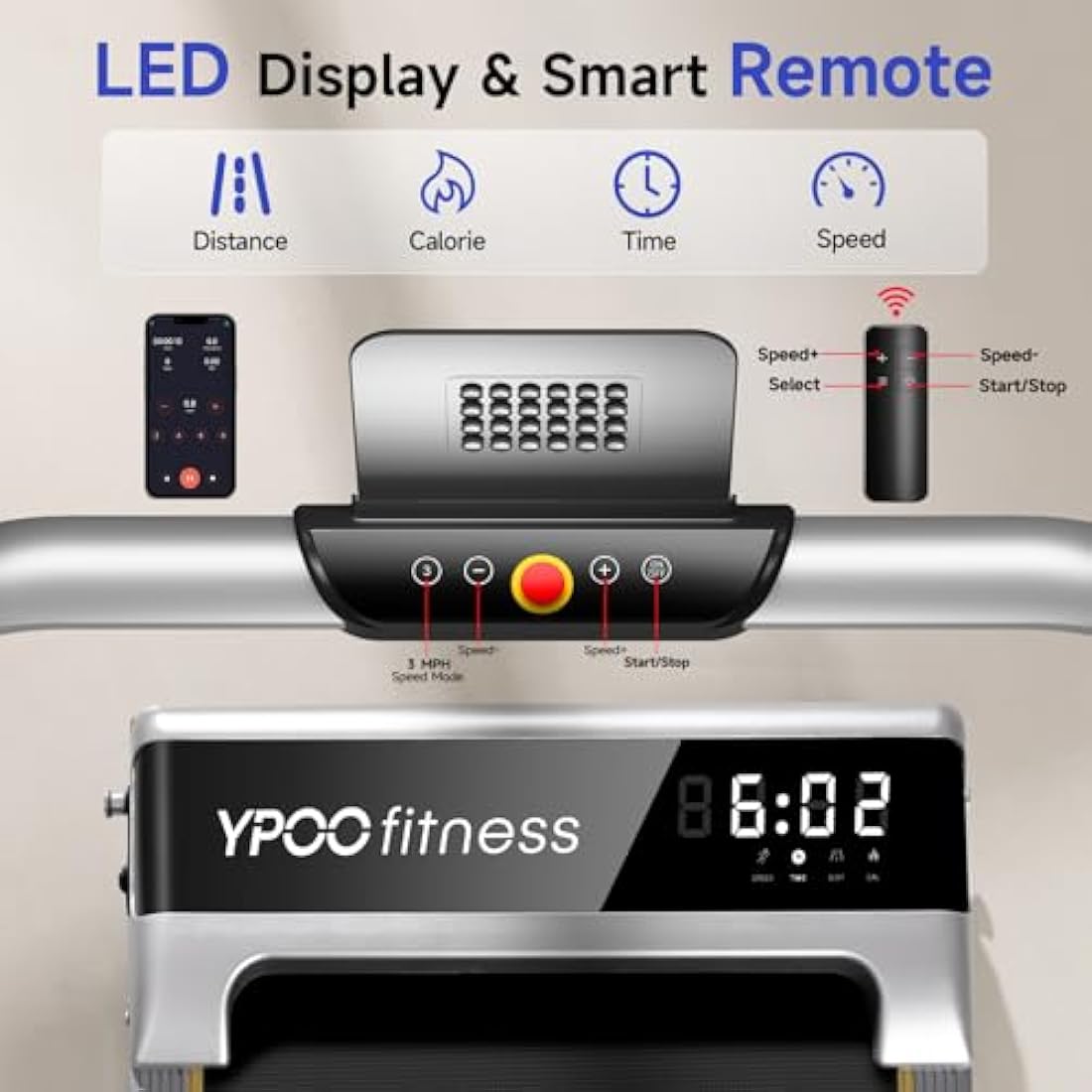 YPOO Walking Pad with Incline 3 in 1 Walking Pad with Handle 3 Level Incline, Portable Folding Treadmills for Home Foldable 300lbs Under Desk Treadmill LED Display Remote Control & APP
