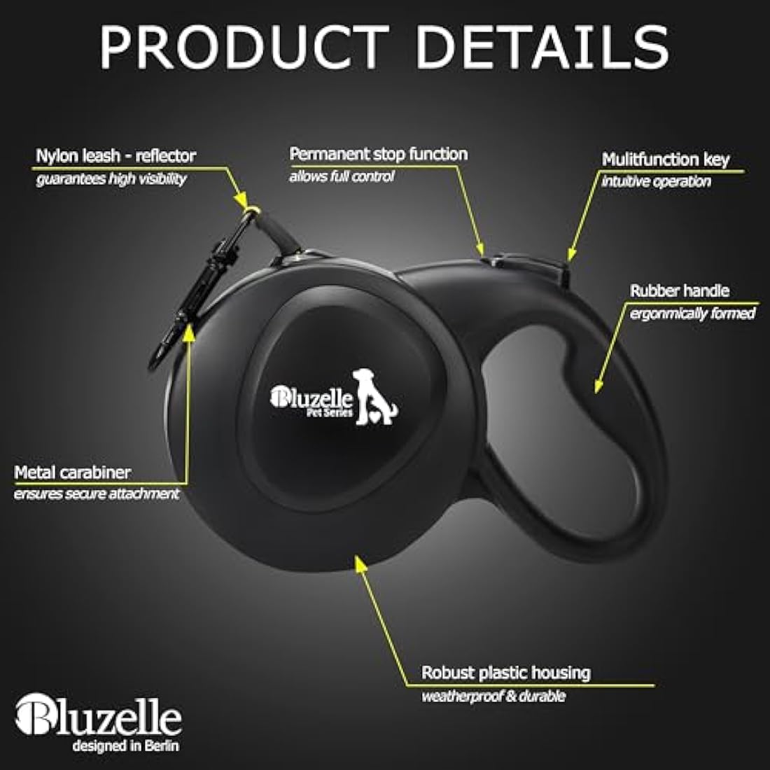 bluzelle 8m / 26ft Retractable Leash for Dogs up to 50kg / 110lbs, Bright Neon Yellow Reflector Nylon Belt with 360° Snap Hook Metal, Reliable Braking One-Hand Ergonomic Rubberized Handle, Black