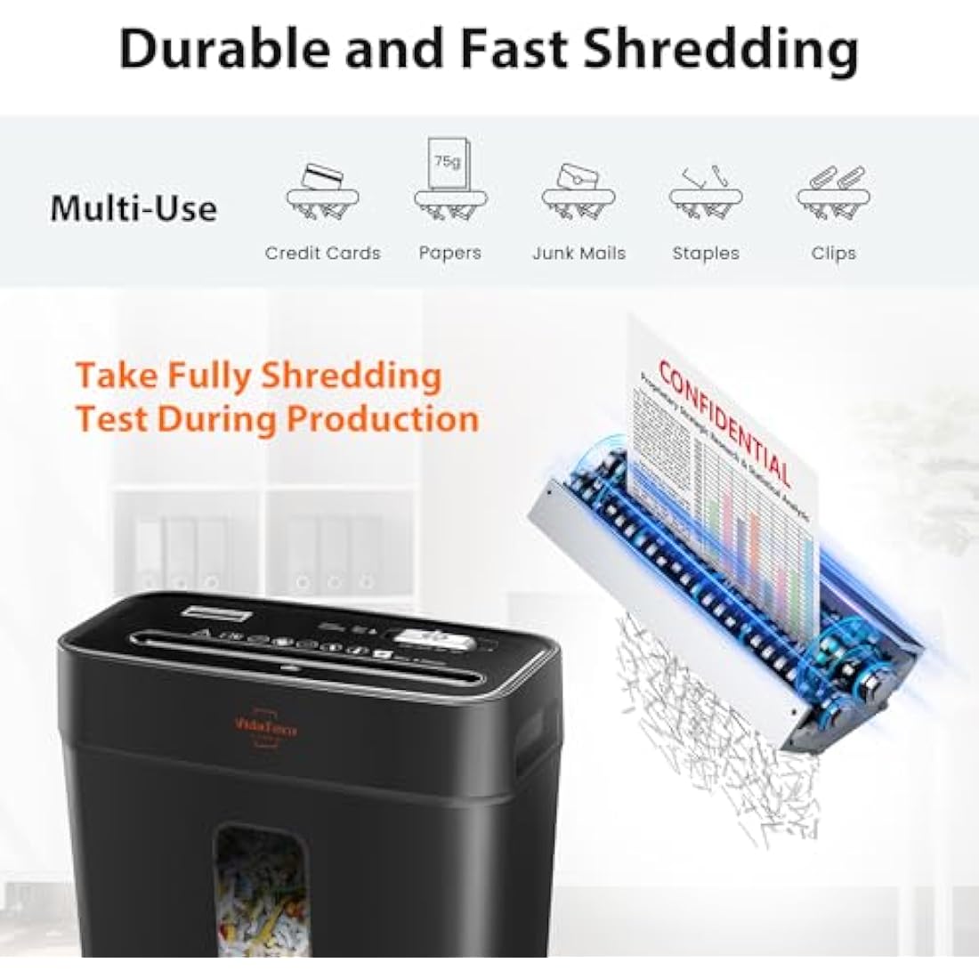 VidaTeco Cross-Cut Shredder, Heavy Duty 6 Sheet Shreds Paper/Card/Staple/Clip Paper Shredder for Home Office, High-Security Level P-4 Jam Proof System 11.5L Liftout Basket Black