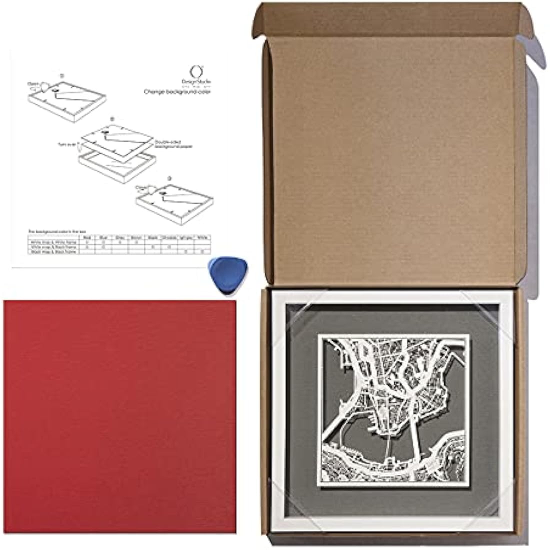 O3 DESIGN STUDIO Amsterdam Marco de Papel para mapas, White map, Black frame, 9x9 inches, Gift Boxed, 4 background color, self-changing, Paper Art