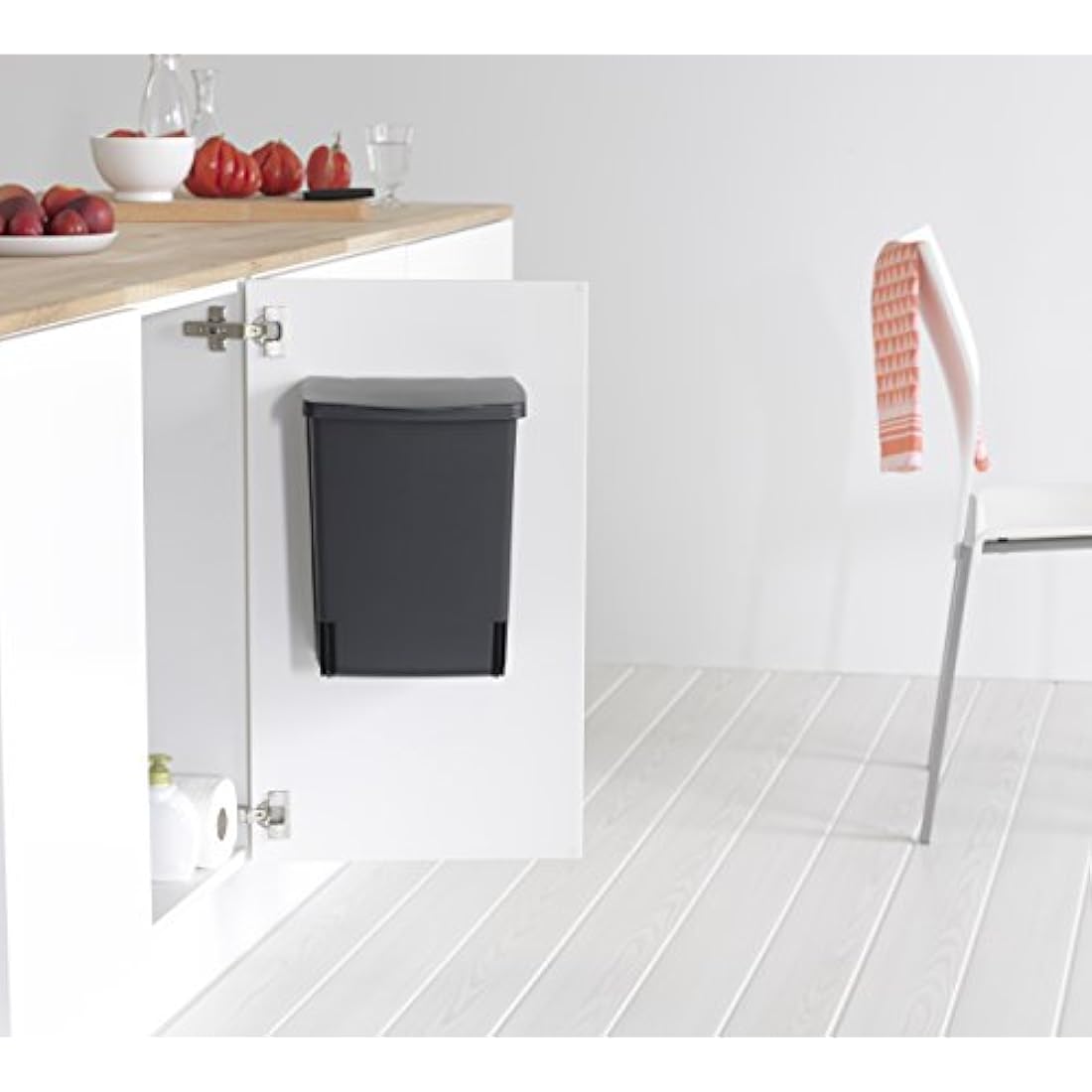 Brabantia Built-in 10L Inside Cupboard Bin (Black) Removable Inner Bucket, Easy to mount, Auto closing, Under Sink Rubbish/Food Waste/Carrier Bag Tidy Storage