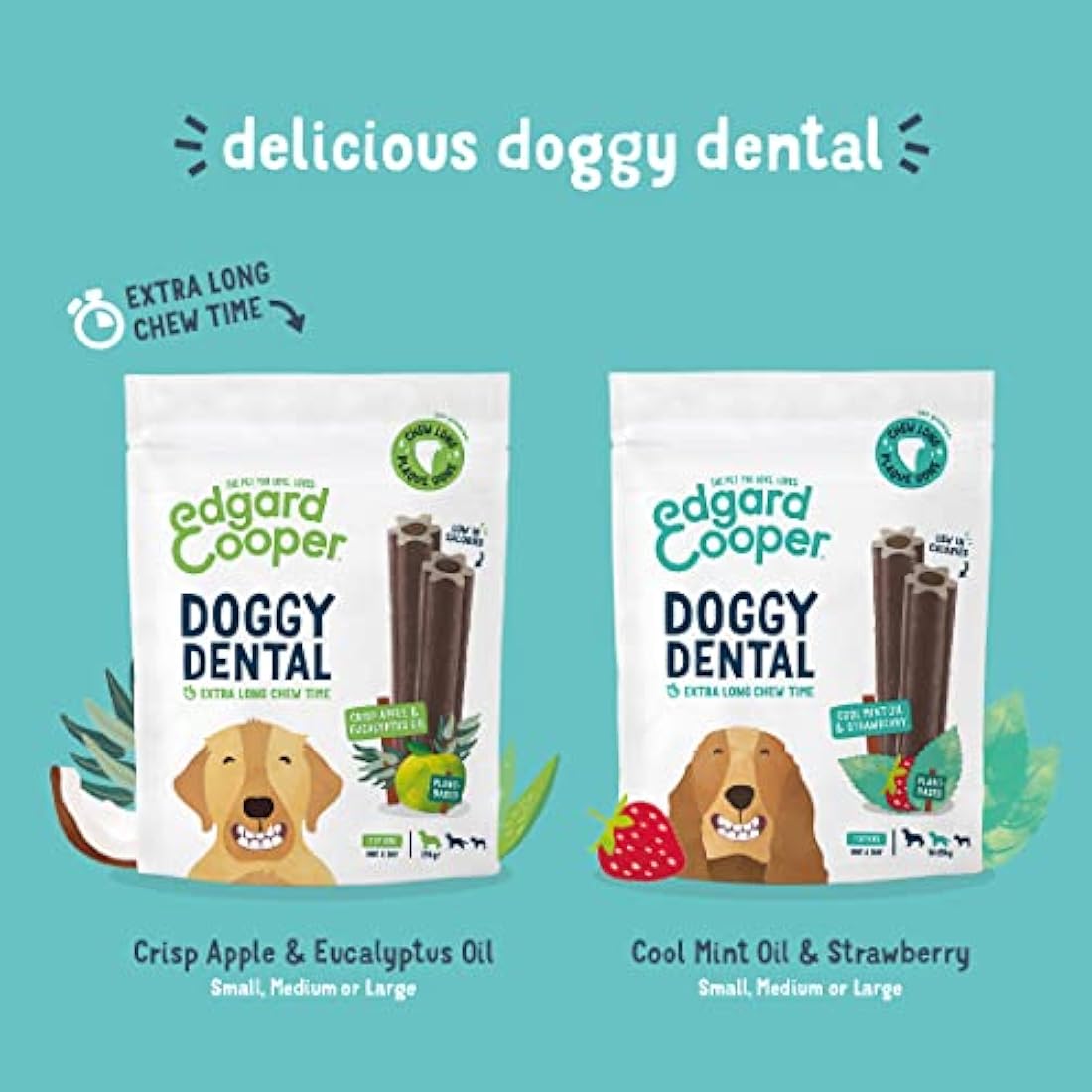 Edgard Cooper Treats Dental Stick, Big - Strawberry and Mint - (8 x 7 stick pack), Natural Dog Chew Sticks, Dental Hygiene, One per Day, Low Calorie, Long Chewing, Fresh Breath