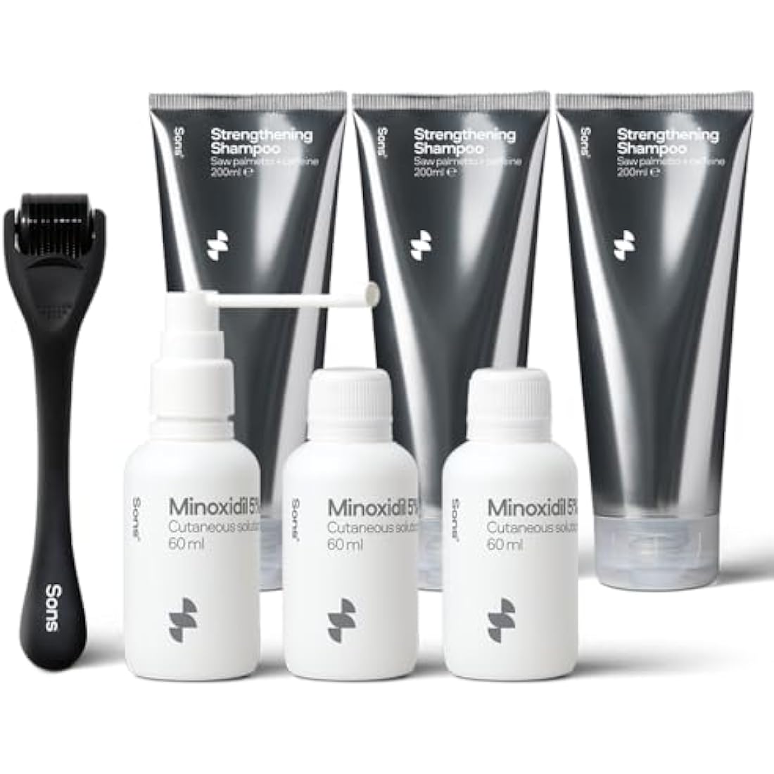 Sons Minoxidil 5%, Strengthening Shampoo and Dermaroller for Men. Hair Regrowth Treatment. Hair Growth Shampoo With Caffeine. Thickening, Anti-Dandruff, DHT Blocker. 3 Month Supply. Made in Europe.