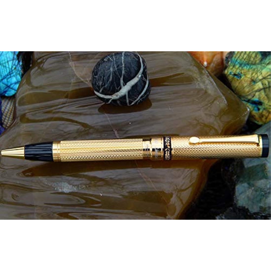 Xezo Tribune Twist Action Ballpoint Pen, 18 Karat Gold Plated Solid Brass. Hand Guilloche. Limited Edition, Serialized.