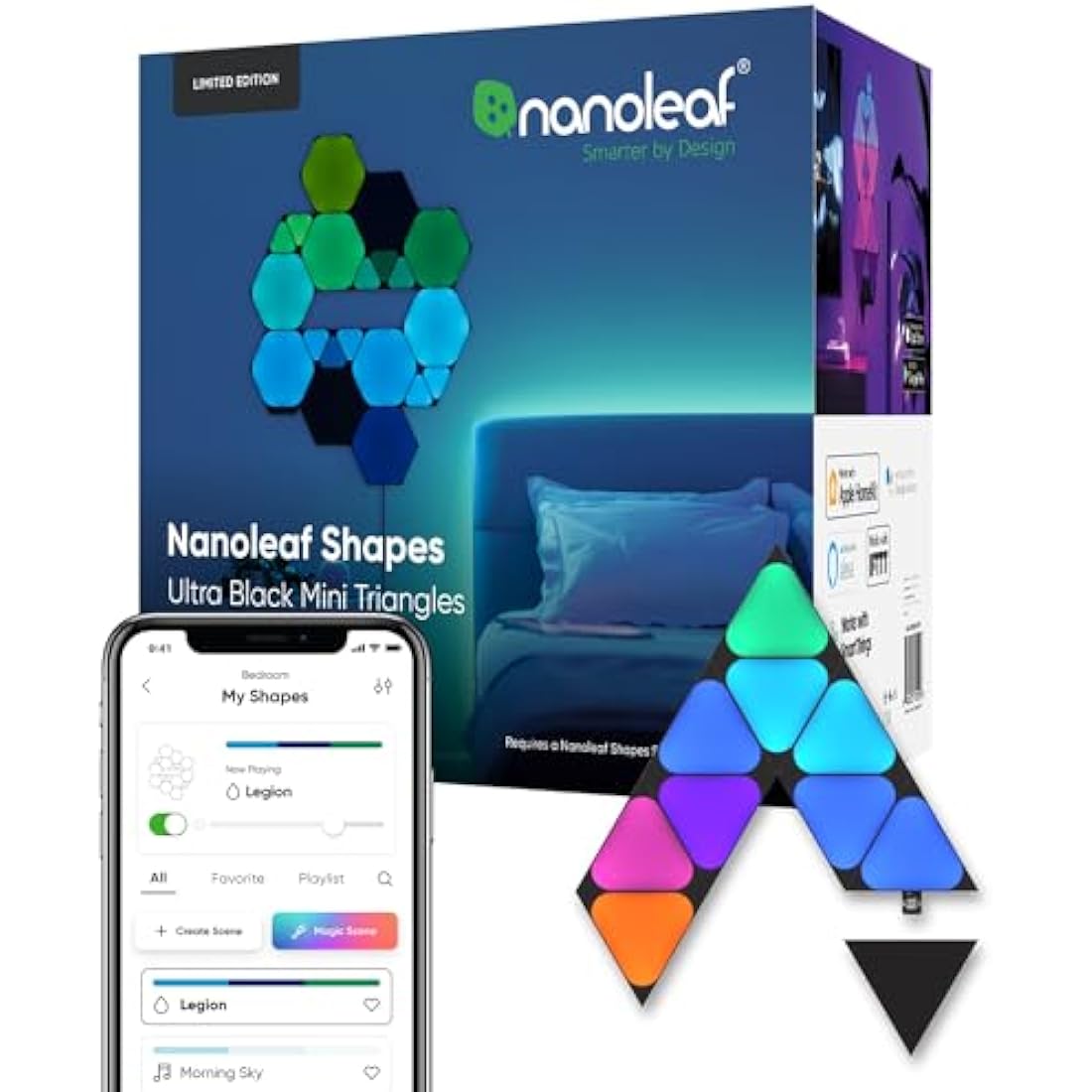 nanoleaf Shapes Ultra Black Mini Triangle Expansion Pack, 10 Additional Smart Light Mini Panels LED RGBW - Modular Wi-Fi Colour Changing Wall Lights, Works with Alexa Google Assistant Apple Homekit