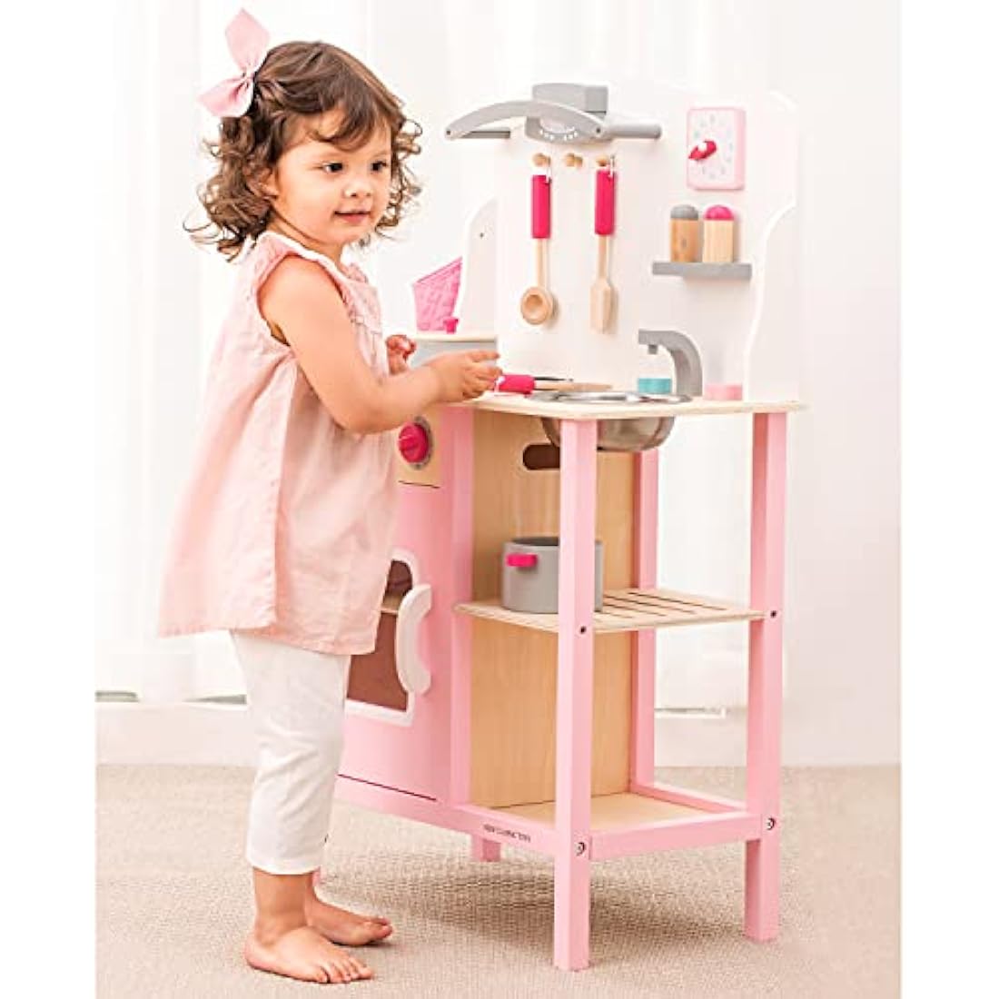New Classic Toys 11054 Wooden Pretend Toy Kitchen for Kids Role Play Included Accessoires-Pink