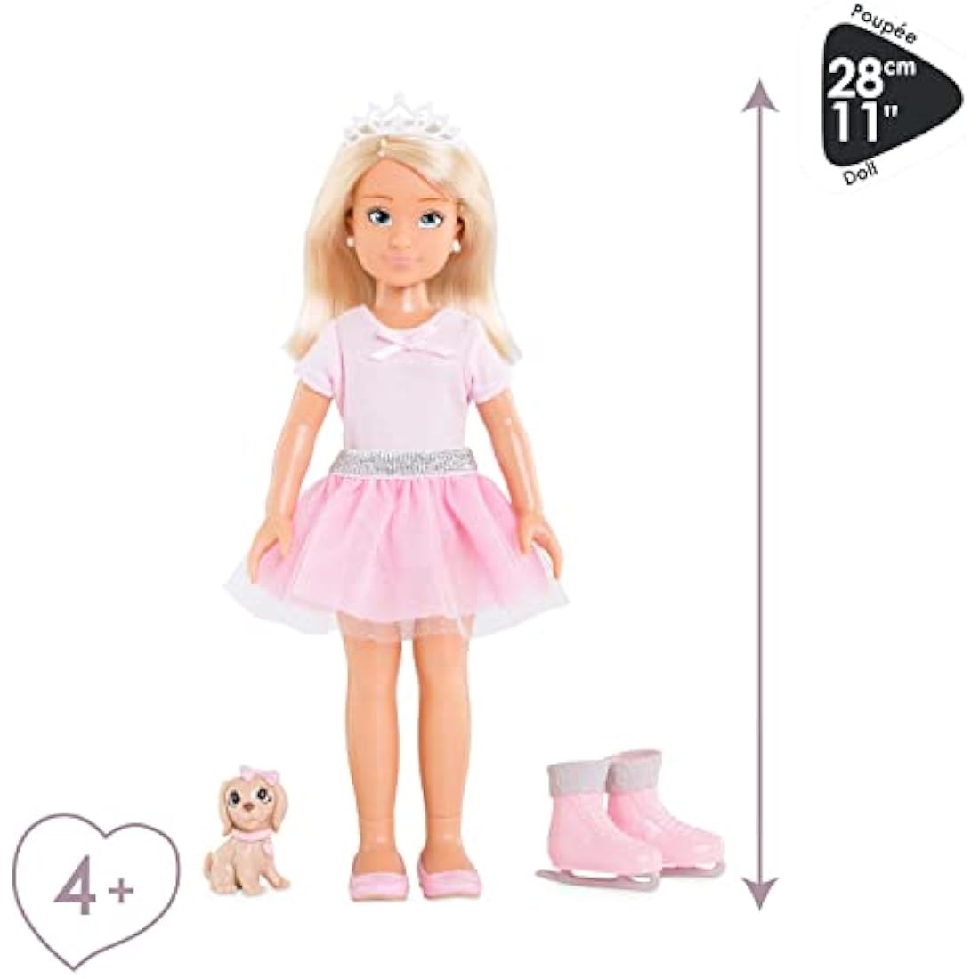 Corolle 9000600010 Girls Valentine Ballerina Set, Dressing Doll with Dog, with Crown, Earrings and Extra Ice Skates, 28 cm Toy Doll with Vanilla Fragrance, from 4 Years