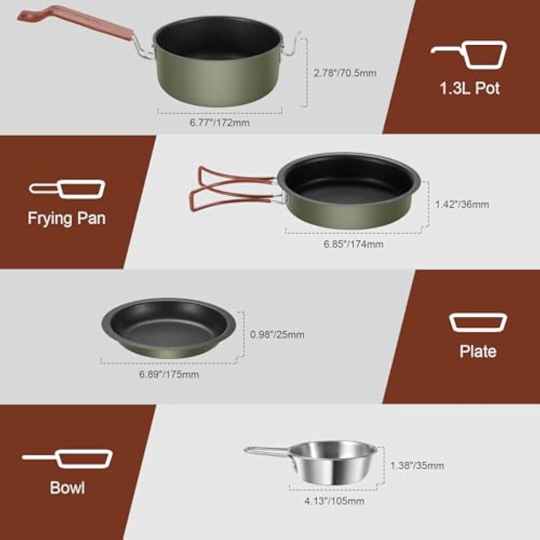 Odoland 10 pcs Camping Cookware Set, Non-Stick Lightweight Cooking Set with Plates Bowls Forks Knives and Spoons - Perfect for Backpacking, Camping, Hiking and Picnicking Green