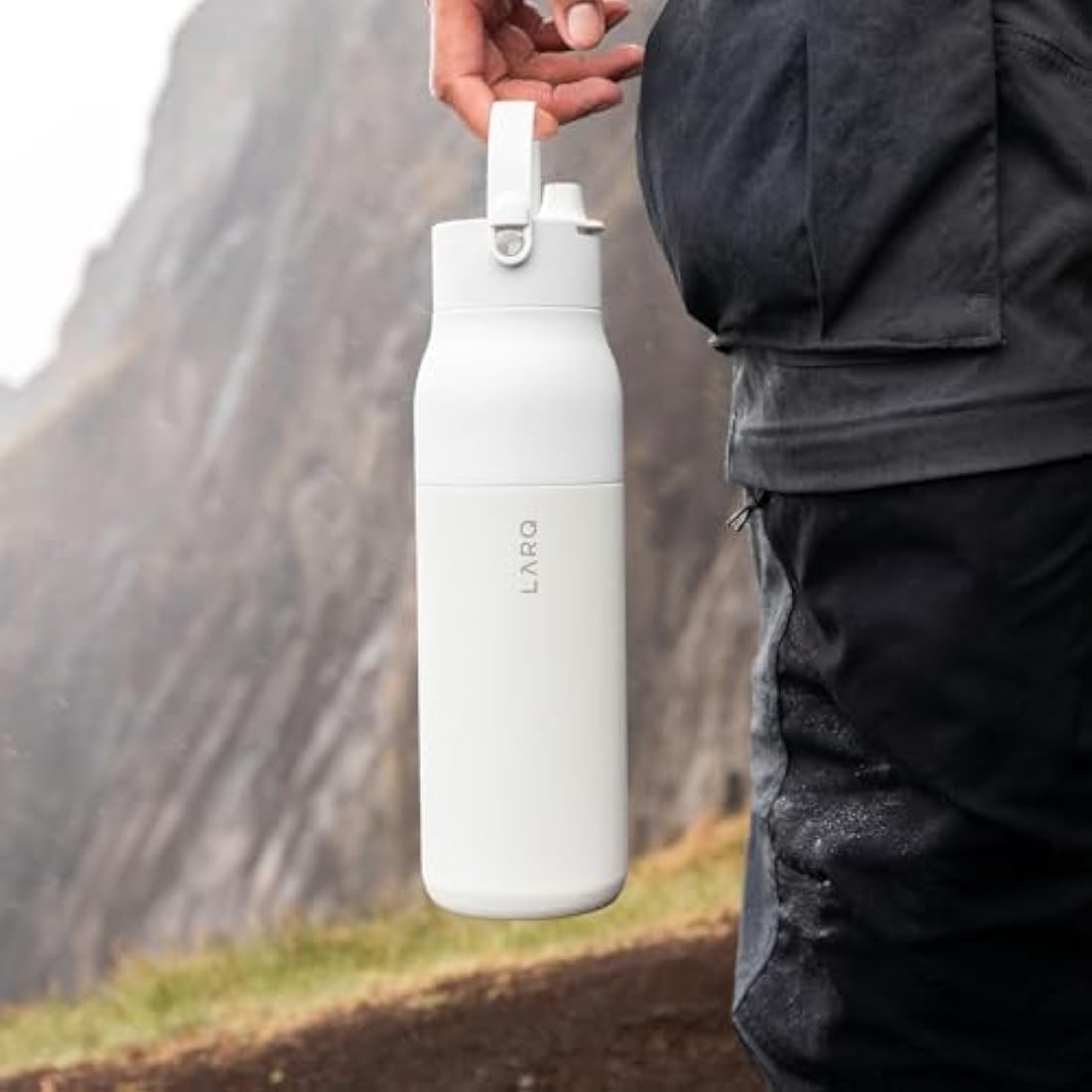 LARQ Bottle Swig Top 34oz - Insulated Stainless Steel Water Bottle with Built-in Silicone Handle | Thermos, BPA Free | Reusable Water Bottle for Sports, Gym, and Travel, Granite White