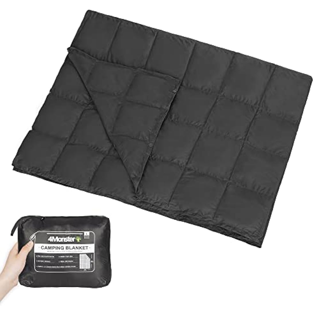 4Monster Camping Blanket Packable, Camping Quilt, Insulated Blanket Hammock Quilt, Camping Blanket for Cold Weather, Picnic, Hiking, Airplane, Travel, Beach, Stadium, Outdoor Gear, Black, L