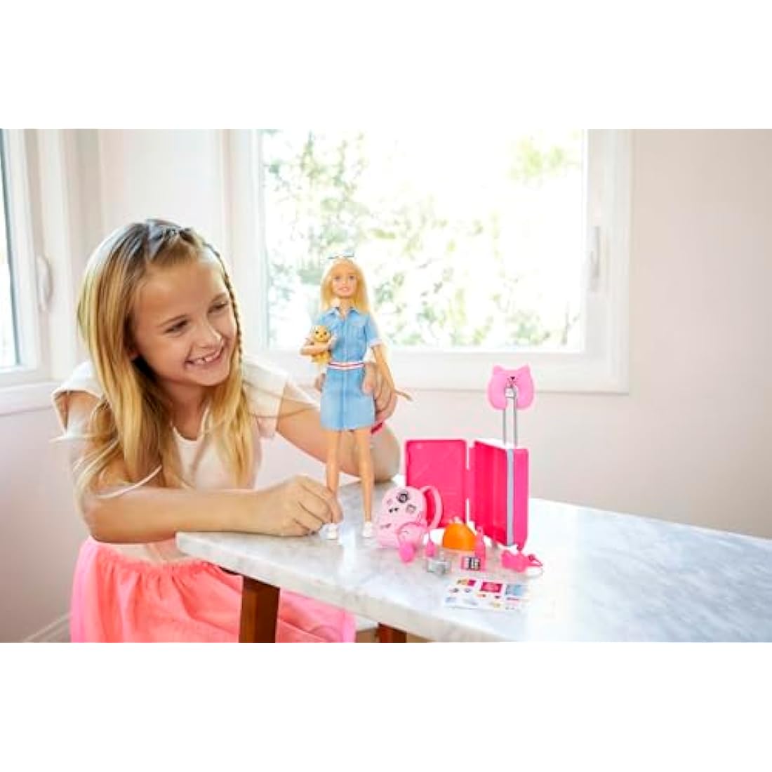 Barbie Travel Doll, Blonde, with Puppy, Opening Suitcase, Stickers and 10+ Accessories, for 3 to 7 Year Olds