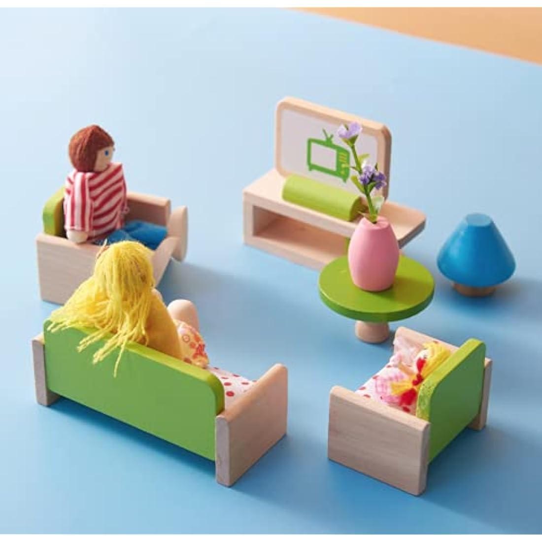 DecoBay Wooden Dolls House Furniture 4-6 Sets: Bedroom, Kitchen, Bathroom, Living Room With Family (5 Rooms and 7 Dolls)
