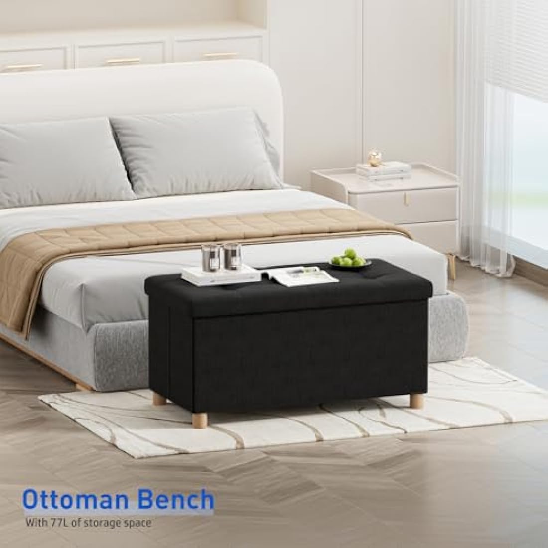 BRIAN & DANY Ottoman Storage Box with 4 Wood Legs, Linen Storage Ottoman for Living Room, Black, 76 x 38 x 38 cm