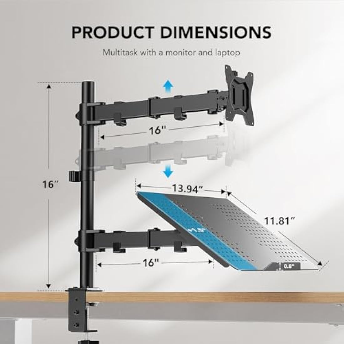 HUANUO Monitor Arm with Laptop Tray for 13 to 32 Inch Screen & 17 Inch Notebook, Monitor and Laptop Stand, Monitor Arm Desk Mount Fits VESA 75 / 100