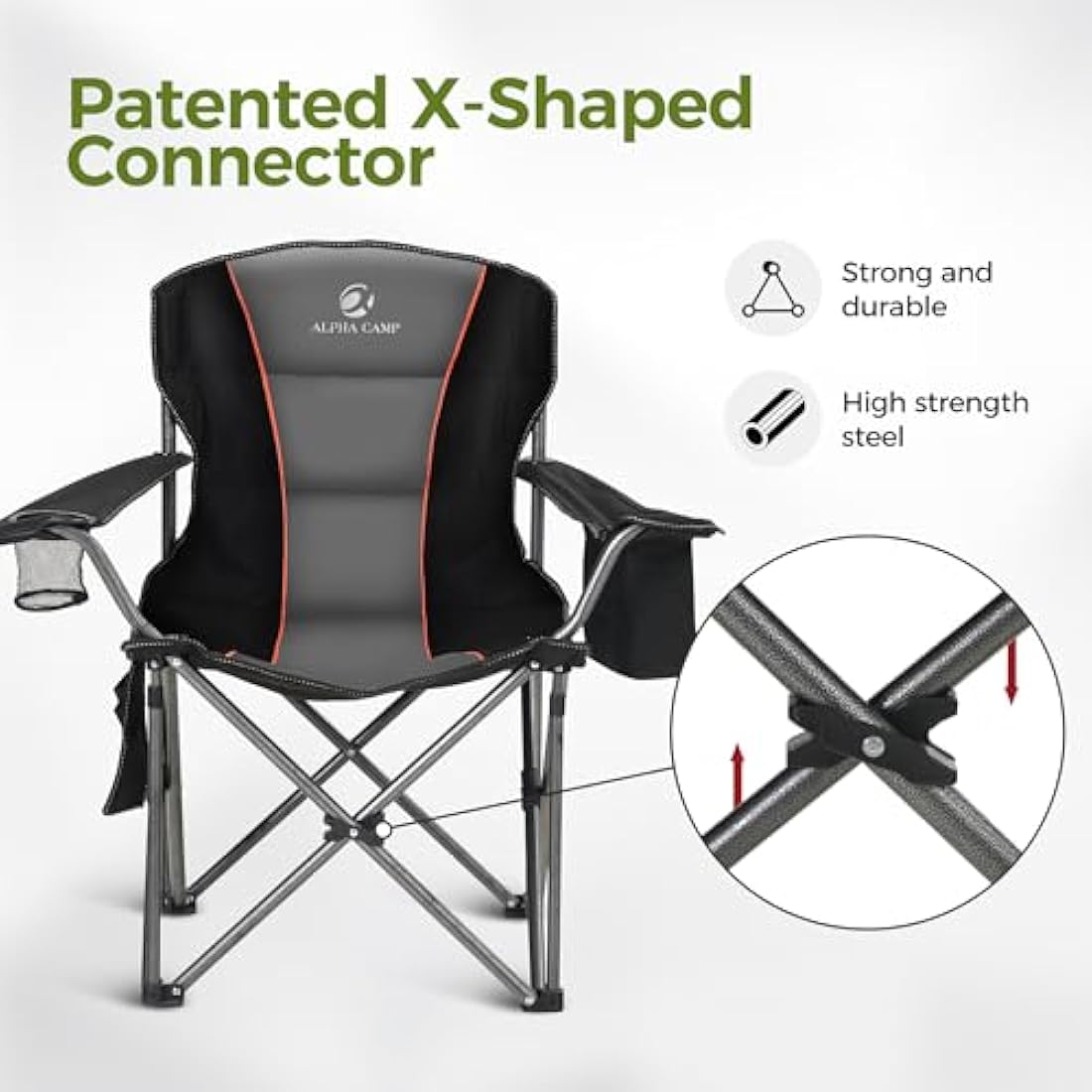 ALPHA CAMP Set of 2 Camping Chairs for Adults Heavy Duty Camping Chair Up to 200 kg Folding Camp Chairs with Cup Holder and Cooler Bag for Outdoor Picnic Fishing, Lightweight and Portable, Black