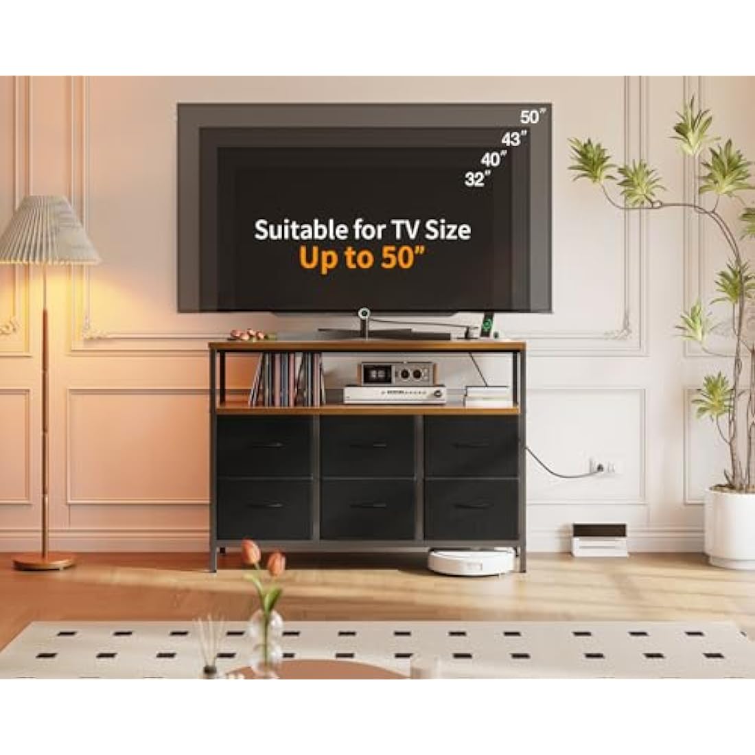 ODK Chest of Drawers Bedroom with 6 Drawers, Fabric Storage Drawers with 2 USB and 2 Sockets, Dresser Suitable for Bedrooms, Living Rooms, Sturdy Storage Dresser with Shelves, Retro Color