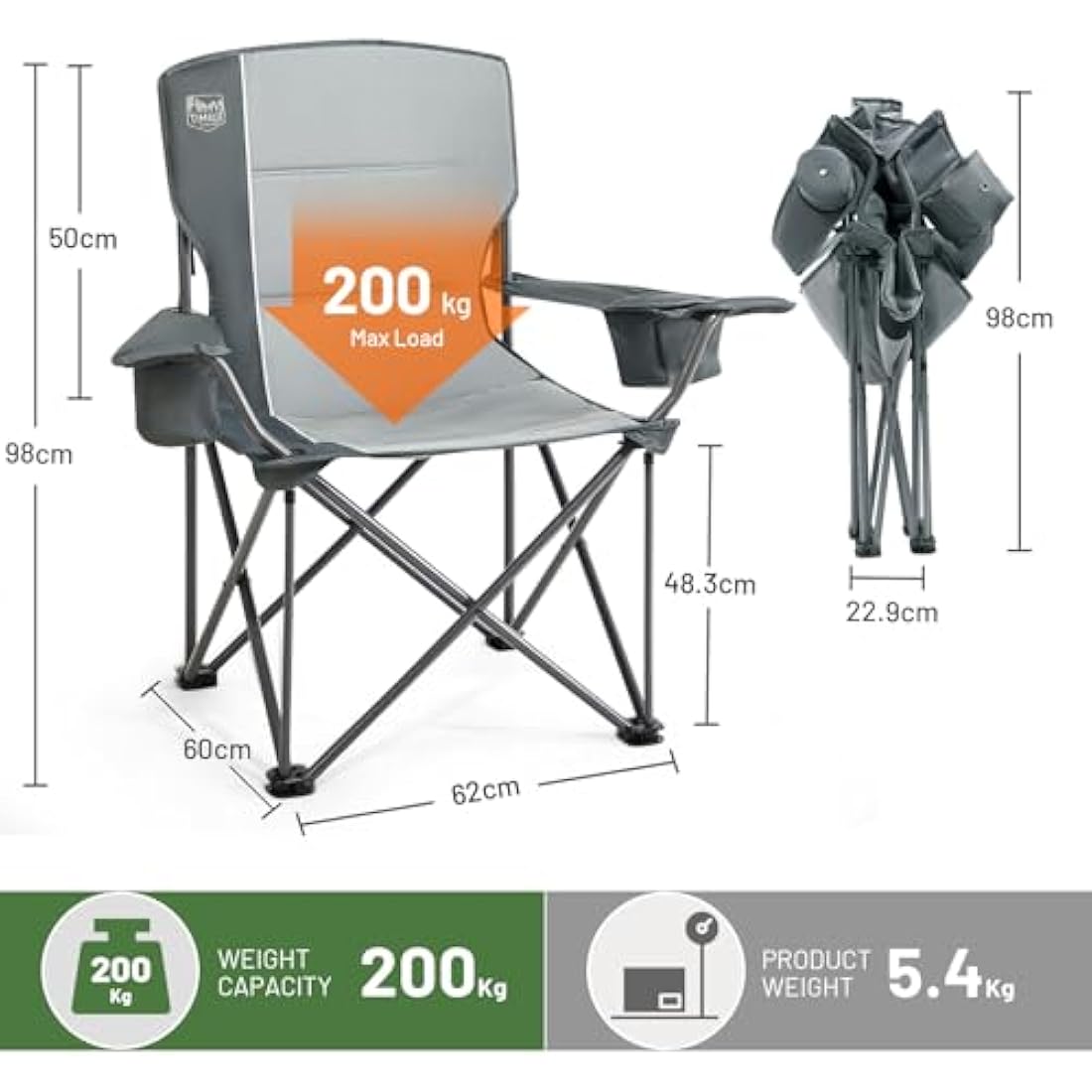 TIMBER RIDGE Camping Chairs for Adults Heavy Duty 200kg Oversized, Padded Folding Chair with Cup Holder and Storage Bag Comfy for Outdoor Picnic Fishing Garden, Lightweight and Portable (Grey, 1 PC)