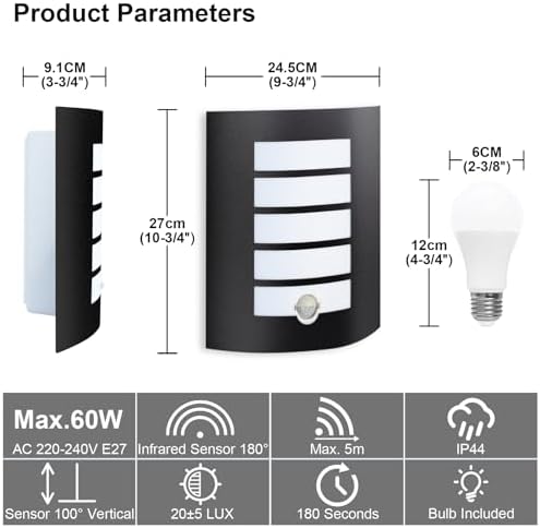 Wondlumi Outdoor Wall Lights Mains Powered 240V PIR Motion Sensor Curved Outside Wall Light Black IP44 Waterproof for Front Door, Incl. 12W LED E27 Bulbs Warm White