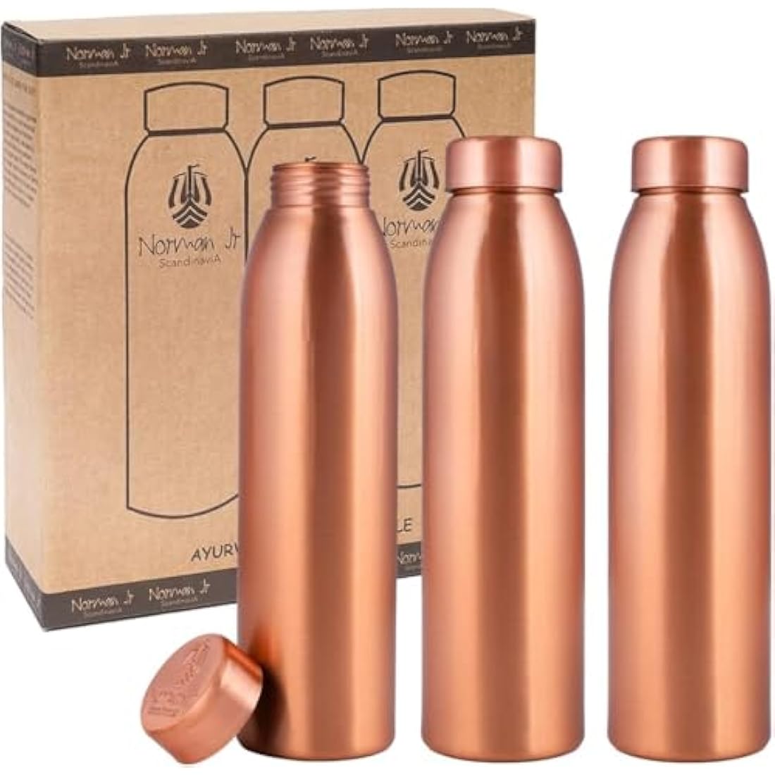 NORMAN JR, Copper Water Bottle 1L - Gift Box of 3, Plain, an Ayurvedic vessel made from pure copper - helps you drink more water, with many health benefits