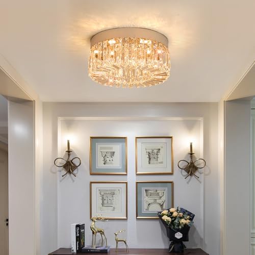 VETRULUS Crystal Chandeliers for Living Room Flush Mount Crystal Ceiling Light Fixtures 40CM Modern LED Chandelier for Dining Room Kitchen Foyer Chrome Silver
