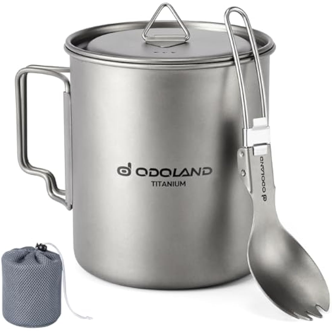 Odoland 750ML Titanium Mug, Camping Coffee Cup with Lid and Spork, Foldable Handle for Camping, Hiking, Traveling and Backpacking