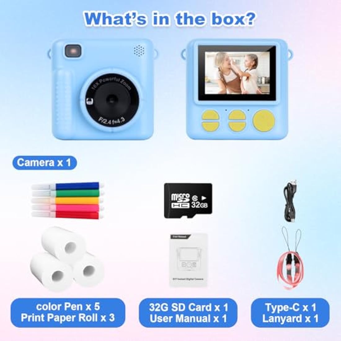 NICEWIN Kids Instant Camera for Girls and Boys, 1080P HD Digital Print Camera with Photo Paper, Fun Birthday Gift Toy for Children (Blue)