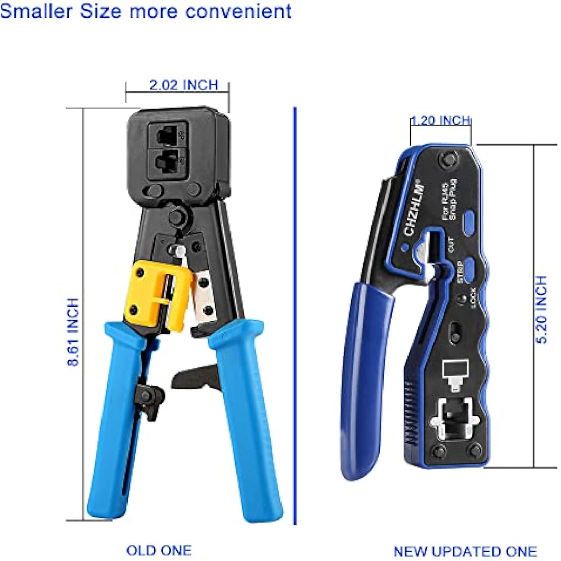 CHZHLM RJ45 Crimping Tool Kit Pass Through Crimper Stripper Cutter All-in-One for Cat5 Cat6 Pass Through Connector with Cable Tester 50Pcs Connectors 50Pcs Covers Mini Stripper