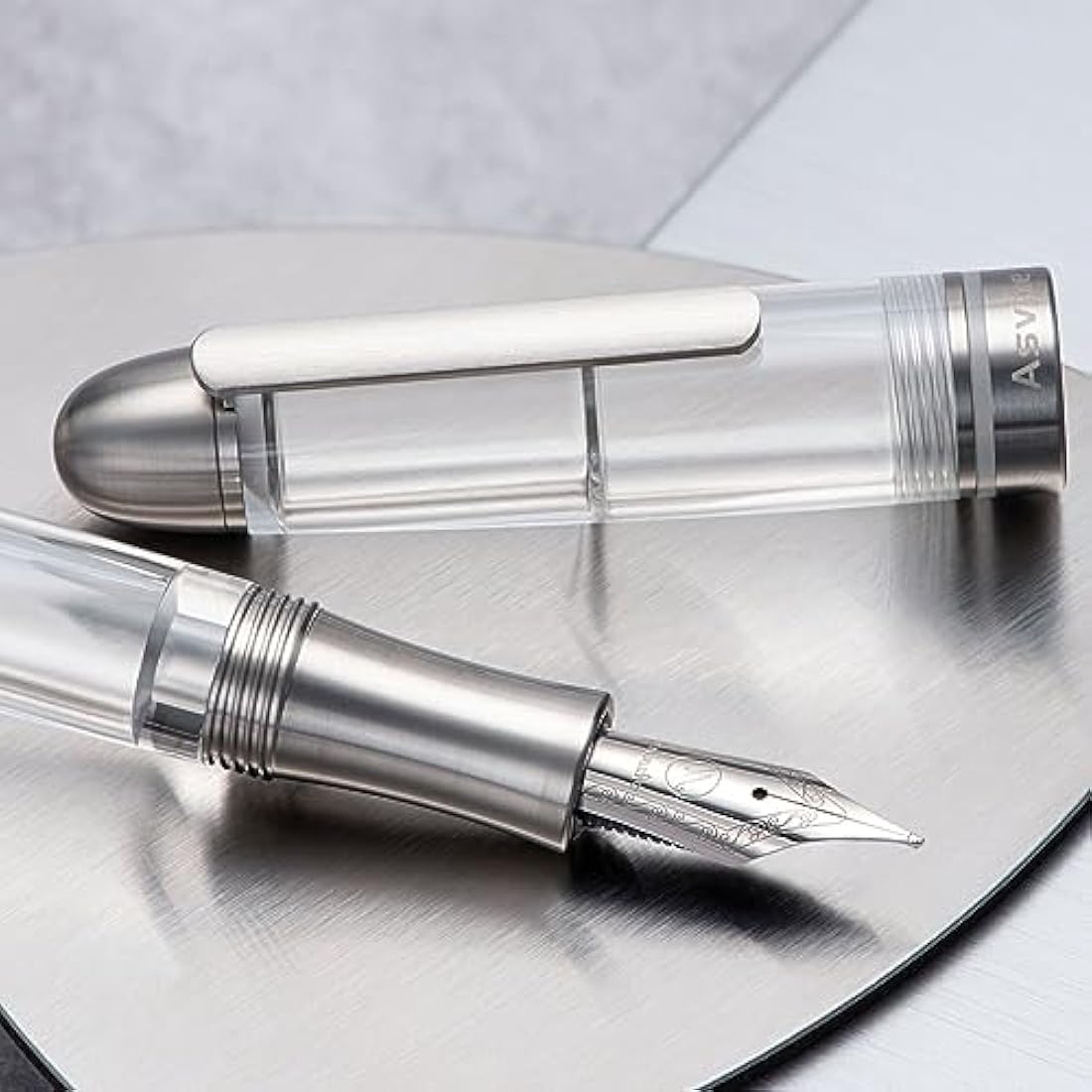 Asvine P36 Titanium Fountain Pen Piston Filling, Extra Fine Nib Clear Transparent Acrylic Smooth Writing Pen Case Set, Torpedo shape