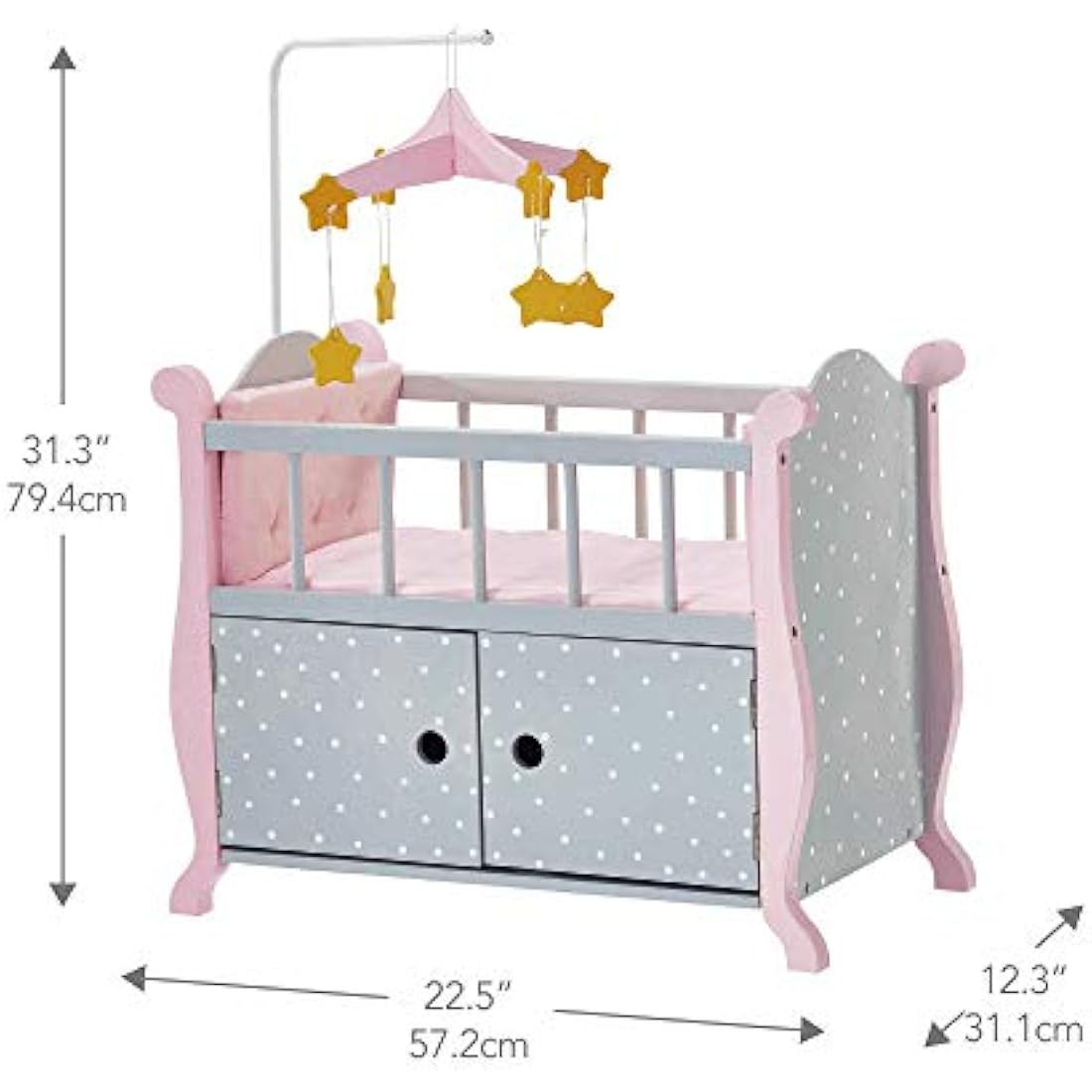 Olivia's Little World Polka Dot Princess Wooden Baby Doll Crib with Storage Underneath, Cushions, and Mobile, Grey/Pink