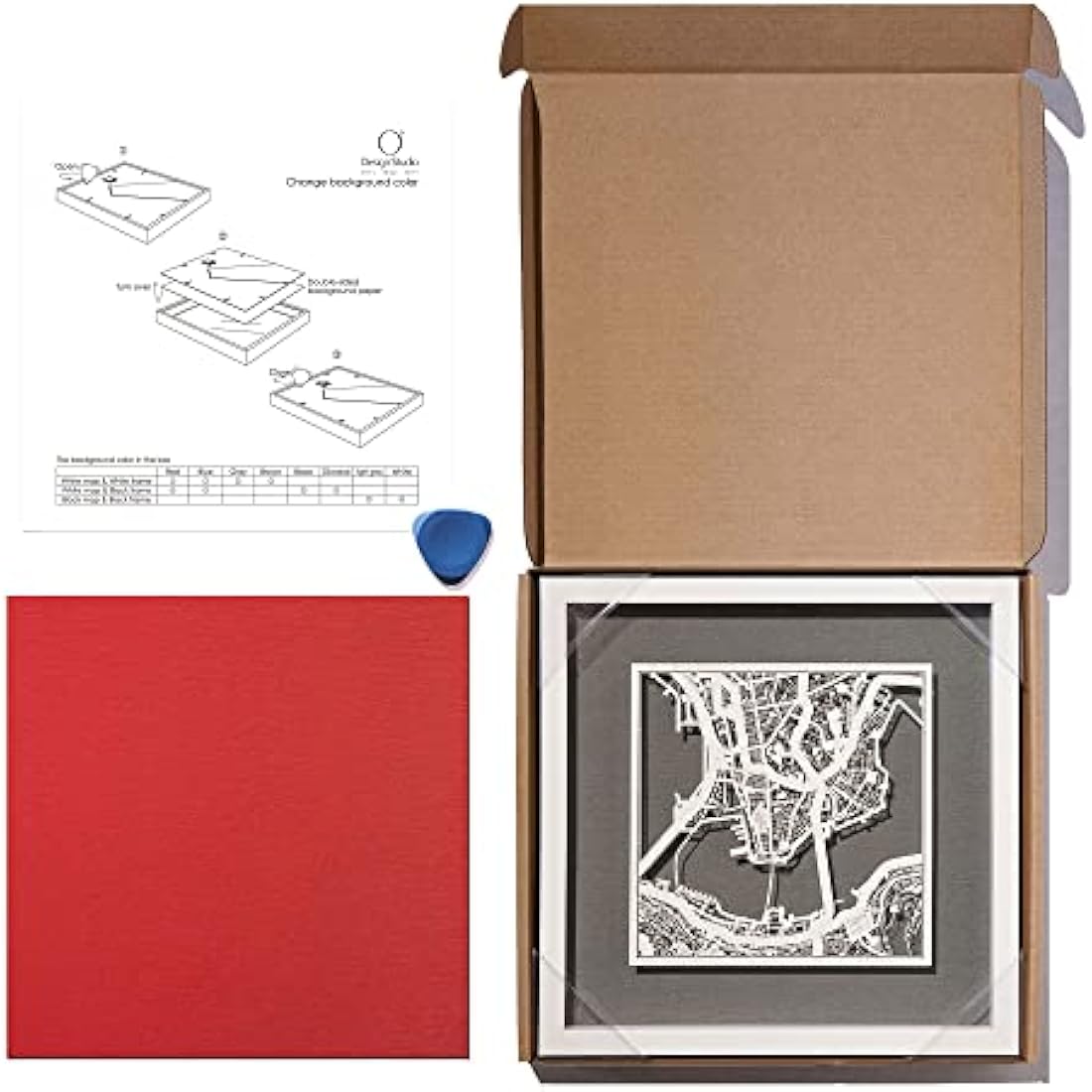 O3 DESIGN STUDIO Bristol Paper Cut Map framed, White map, White frame, 23x23 cm, Gift Boxed, 4 background color, self-changing, Paper Art