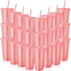 24 Pcs Reusable Cups with Lids and Straws 24 oz Glitter Iced Coffee Tumbler Plastic Travel Mug Cup for Smoothie Juices Birthday Sleepover Party Supplies (Light Pink)