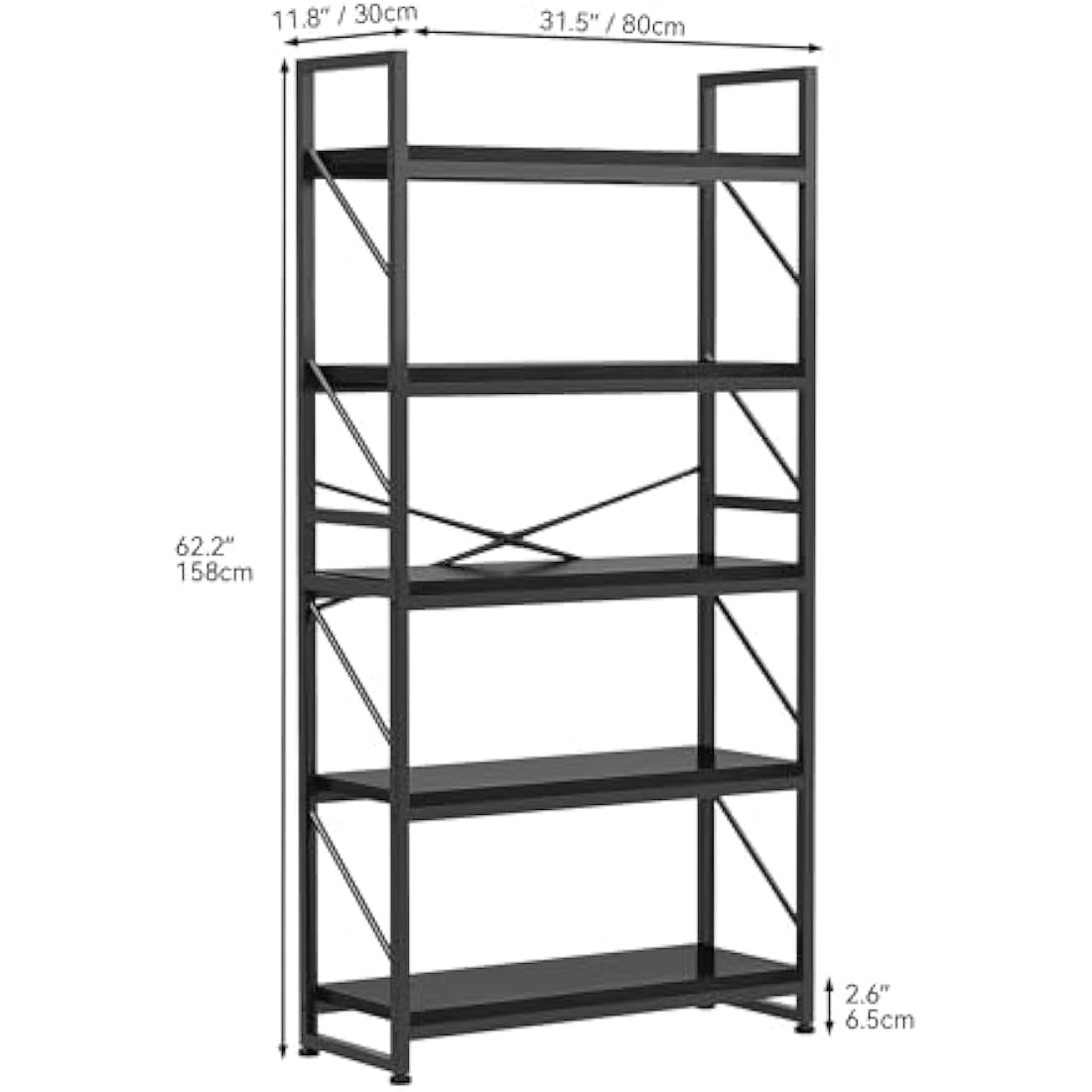 YITAHOME Bookcase 5 Tiers, Industrial Book Shelf Large Floorstanding Book case Wooden Shelf and Metal Frame Shelving Unit Display Storage Rack for Living Room, Home Office, Black Bookshelf