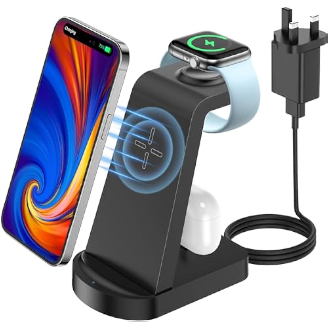 bakibo 3 in 1 Wireless Charging Station, Wireless Charger for iPhone 15/14/13/12/11/Plus/Pro/Max, Wireless Charging Stand Dock for Apple Watch 9/8/Ultra/7/6/SE, AirPods 3/2/1/pro (with Adapter), Black