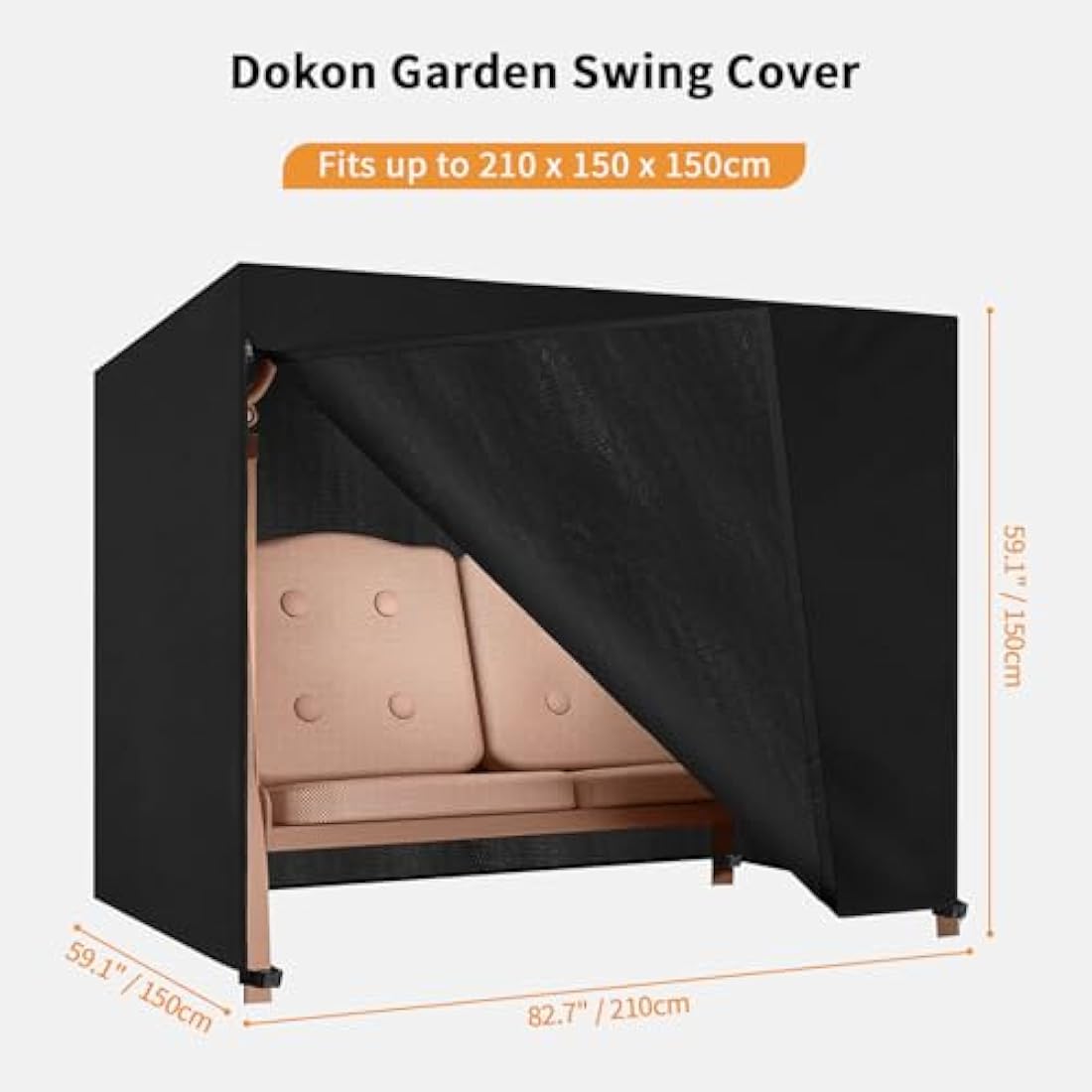 Dokon 3 Seater Garden Swing Covers Waterproof Heavy Duty Oxford Fabric Outdoor Swinging Chair Cover Windproof Anti-UV Patio Garden Hammock Cover with Zips (210x150x150cm) - Black