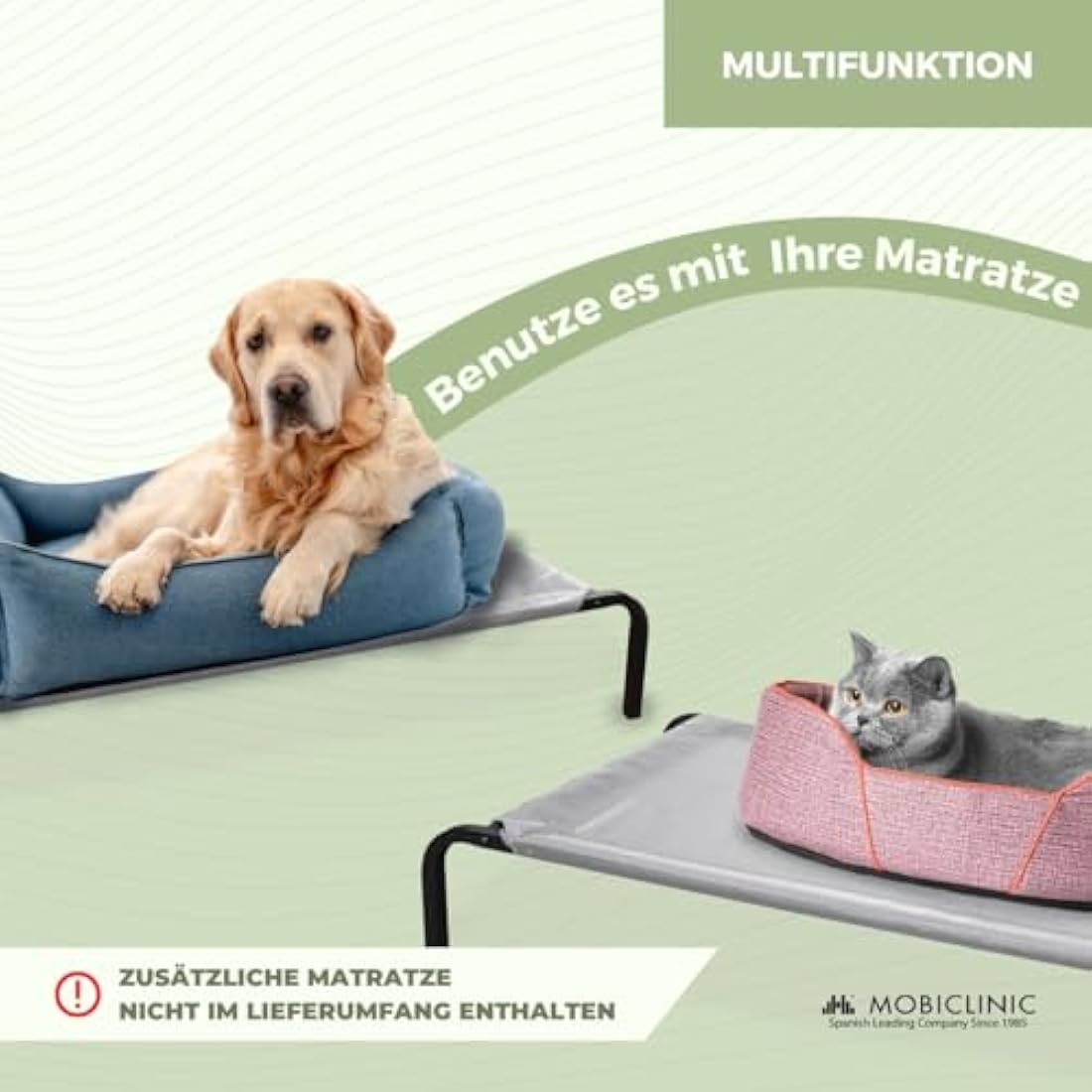 Mobiclinic®, Elevated Dog Bed, Cooling Breathable Elevated Pet Bed, 122x71x21cm, Pet Cot Elevated, Indoor and Outdoor, Easy to Clean, Dog Bed, Insulating, Tool-Free Assembly, Cleo, Max. 60 kg, Grey