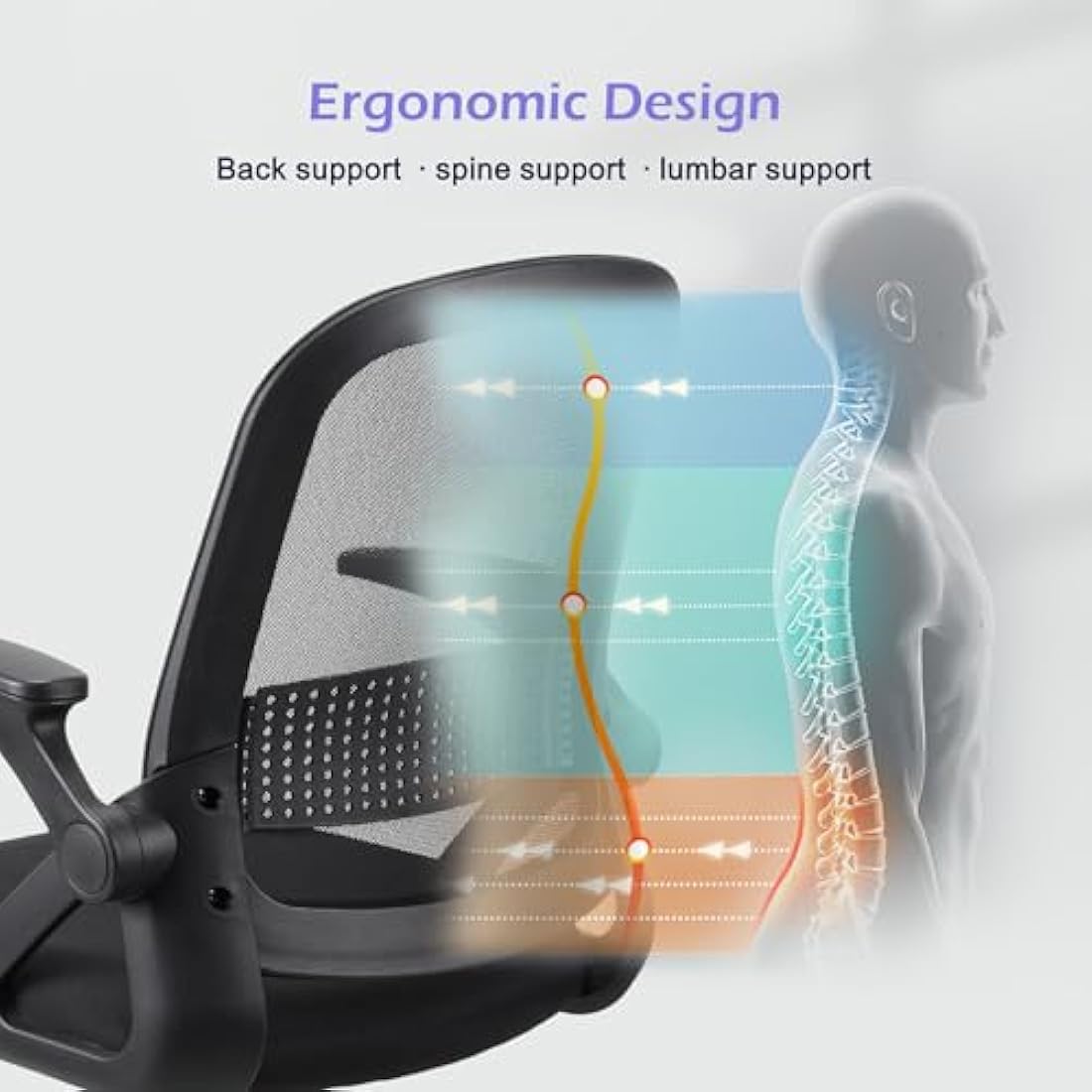 T-THREE.Adjustable ergonomic mesh swivel chair, office and study seat with lumbar support, height adjustment, 360° rotation, 90° flip-up armrests for home office(Black)