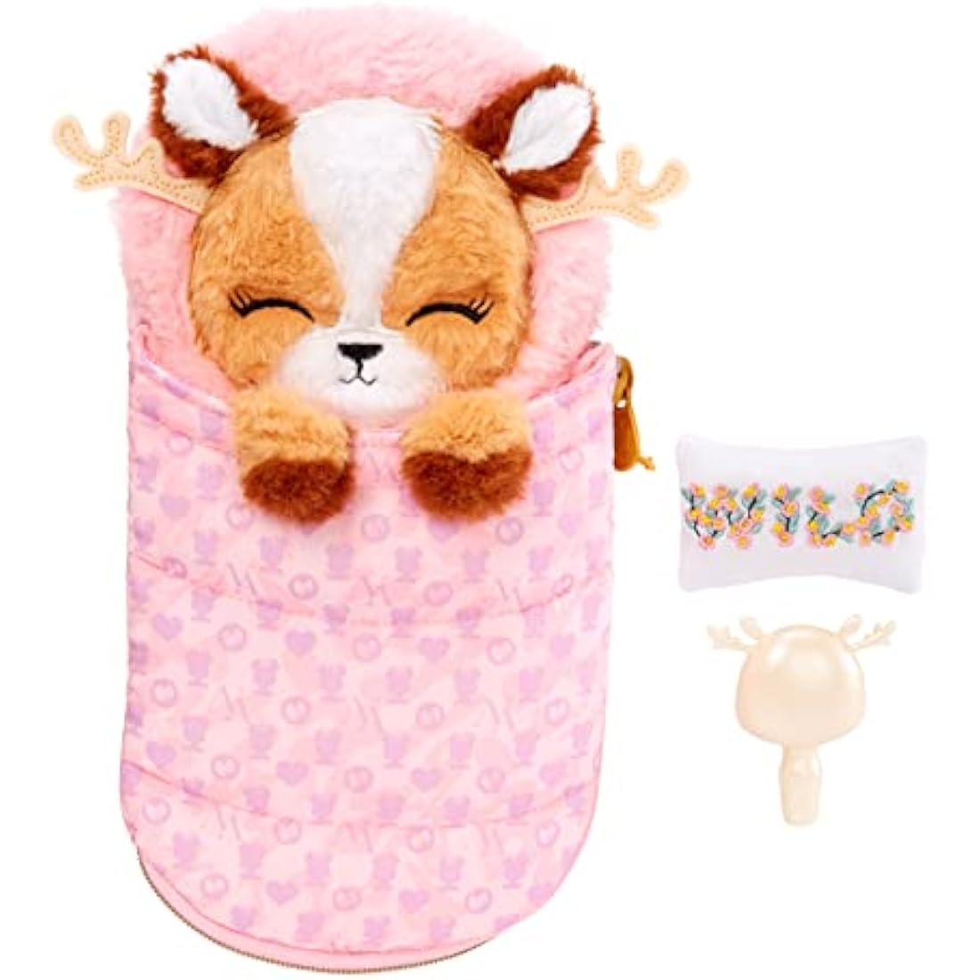 Surprise Camping Series - MYRA WOODS - Deer Inspired Soft Plush Fashion Doll with Brown Hair & Cosy Animal Sleeping Bag - Includes Outfit, Pillow, & Brush - Collectable - For Kids Ages 5+, 28 CM