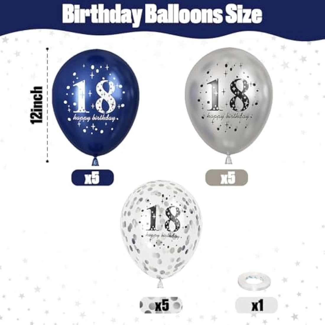 Happy 18th Birthday Balloons for Boys, Navy Blue Silver 18th Birthday Party Decorations for Him, 15 Pieces 18th Balloons for Boys Age 18 Years Old Birthday Celebration Party Decorations Supplies
