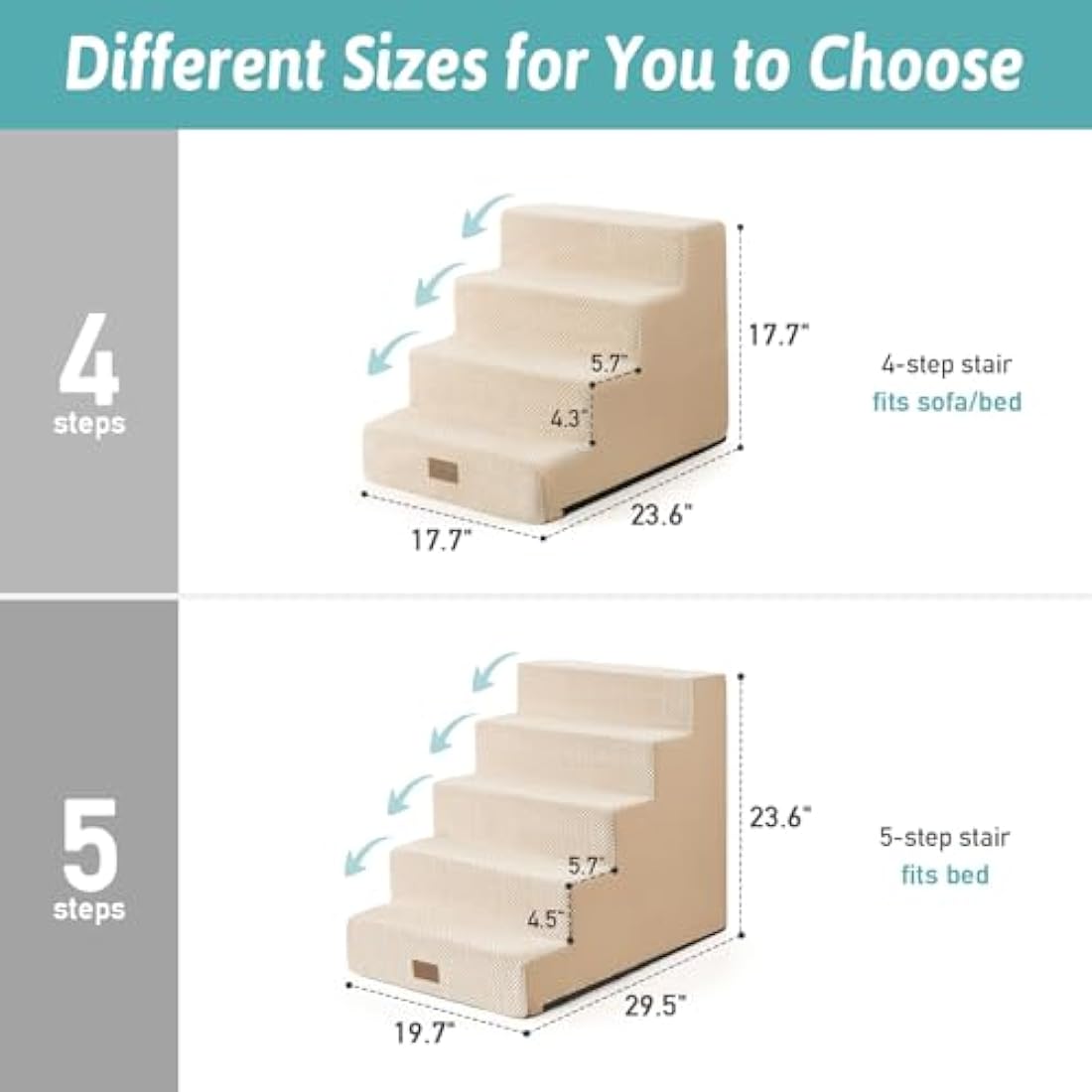 COZY KISS Wide Dog Stairs for Small Dogs, 19.7" Width Pet Stairs for High Bed Car, 60 cm High Non-Slip Dog Steps for Old Cats, Puppies, Small Medium Dogs, 75x50x60cm, 5 Tiers, Beige